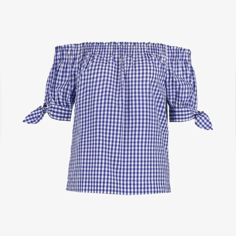 J.Crew Off the Shoulder Top in Gingham Blue Sapphire White Cotton Tie Knots